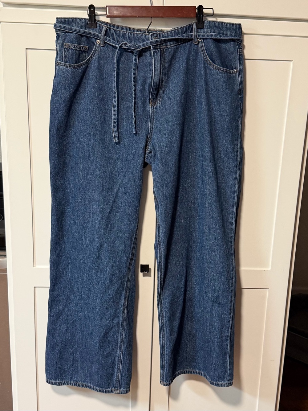 High Rise Relaxed Wide Leg Blue Denim Jean 100% Cotton with Drawstring Belt